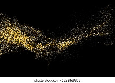 Confetti wave flow,gold glitter texture on black background. Festive design element.