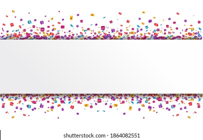 Confetti With White Paper Banner Isolated, Vector Illustration