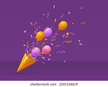 Confetti yellow party hat with balloons. Birthday, anniversary, celebration colorful serpentine explosion. 3d render realistic vector illustration.