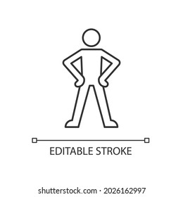 Confidence body language linear icon. Standing in confident posture. Expressing assertiveness. Thin line customizable illustration. Contour symbol. Vector isolated outline drawing. Editable stroke