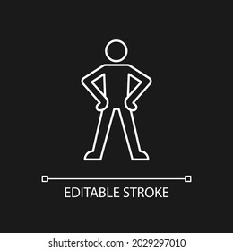 Confidence body language white linear icon for dark theme. Standing in confident posture. Thin line customizable illustration. Isolated vector contour symbol for night mode. Editable stroke