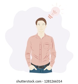 Confidence and business concept. Portrait of charming successful young entrepreneur in office while holding hands in pockets. Hand drawn style vector design illustrations.
