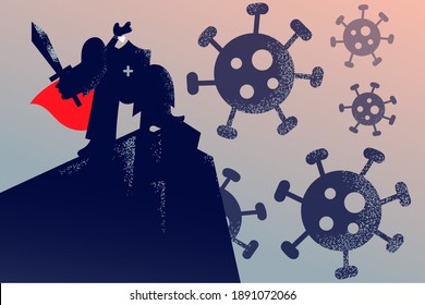 Confidence of business power during COVID-19 pandemic concept. Businessman in protective medical mask as knight standing and feeling ready to fight viruses as symbol of strength of business 