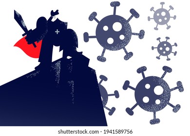Confidence of business power during COVID-19 pandemic concept. Businessman in protective medical mask as knight standing and feeling ready to fight viruses as symbol of strength of business 