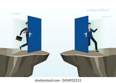 Confidence businessman access shortcut door to cross the gap, shortcut for business success, solution or business opportunity, idea or creativity to solve problem, leadership determination (Vector)