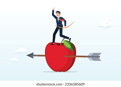 Confidence businessman with archer standing on apple hit by his accurate arrow, business goal achievement, risk management or practicing and skill to overcome risky and manage to reach target (Vector)