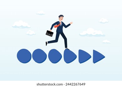 Confidence businessman business owner walk on circle transform to triangle forward arrow, business transformation change or develop into new company, improvement plan, progress or growth (Vector)