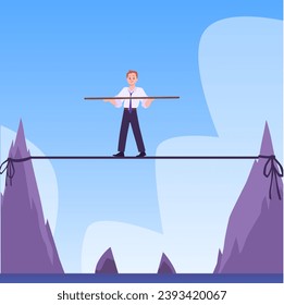 Confidence businessman danger walk balance on rope on high cliff. Crisis management strategy concept. Leadership skill to lead company in crisis situation. Extreme financial situation visualization