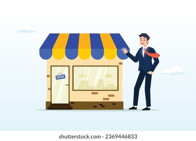 Confidence businessman entrepreneur standing with his new opening company or store front, business owner and entrepreneur start small business or retail shop, open store front or online shop (Vector)