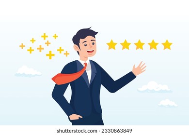 Confidence businessman giving 5 stars rating, customer feedback 5 stars rating, best quality, excellence high performance evaluation, positive ranking or business reputation and satisfaction (Vector)