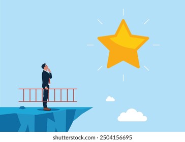 Confidence businessman holding ladder about to cross to shining star. Business opportunity, ladder of success or aspiration to achieve business goal. Flat vector illustration