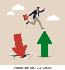 Confidence Businessman Investor Jump From Red Pointing Down Arrow To Green Rising Up.  Plan, Saving And Investment Or Stock Market Rebound And Economic Recover Concept.