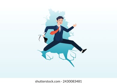 Confidence businessman jump to breakthrough the wall for freedom, courage and motivation to breakthrough the wall, obstacle or problem, challenge to escape from safe zone and achieve success (Vector)