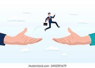 Confidence businessman jumping from giant hand to new place, change job or career, escape from toxic office, determination and courage to change to better place, improvement or progression (Vector)