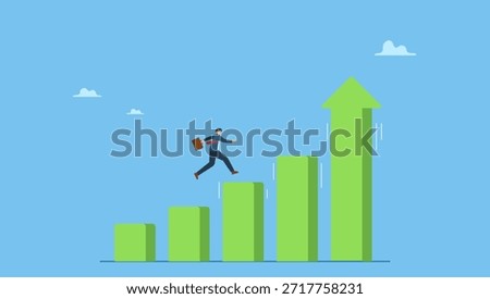 Confidence businessman jumping on moving up bar graph with rising up arrow as ladder of success. Economic prosperity, business profit growth or career path and income increase.