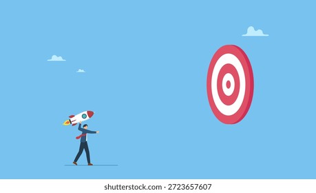 Confiança empresário lançar novo foguete para atingir alvo alvo alvo alvo bullseye. Meta de sucesso de inicialização, meta de lançamento de novo produto para ganhar realização de negócios, meta ou meta de marketing, plano de projeto.