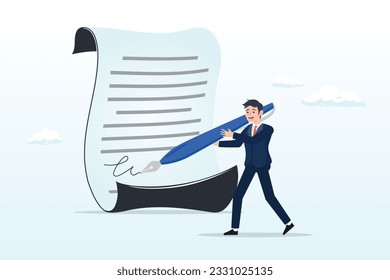 Líder de negocios de confianza o cliente usando pluma fuente firmando su firma en papeleo, negocio, acuerdo, contrato de firma y papeleo para préstamo bancario, política gubernamental (Vector)
