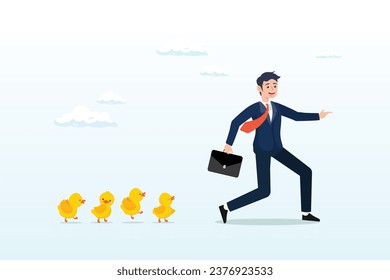 Confidence businessman leader pointing direction with following duckling, leadership to lead team to success direction, employees follow manager guidance, domination or motivate staffs (Vector)
