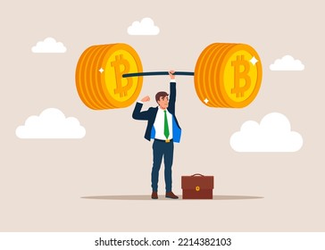 Confidence businessman lift up heavy bitcoin coins weight. Investment financial literacy, investing expert, effort to earn more money.  Vector illustration.