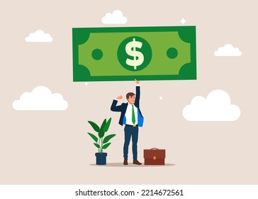 Confidence businessman lift up heavy dollar bill weight. Investment financial literacy, investing expert, effort to earn more money. Flat vector illustration.