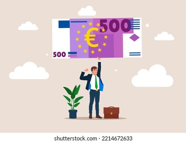 Confidence businessman lift up heavy euro bill weight. Investment financial literacy, investing expert, effort to earn more money. Flat vector illustration.