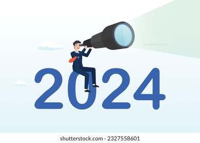 Confidence businessman look through telescope on year 2024, year 2024 outlook, business opportunity or new challenge ahead, vision to make decision or move forward, plan and perspective (Vector)