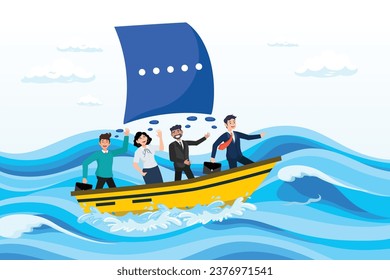 Confidence businessman manager leader with speech bubble to sail the ship forward, leadership to lead team and guide direction, motivation and inspiration to drive company to achieve success (Vector)