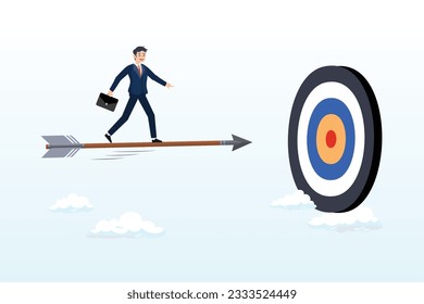 Confidence businessman on arrow bow aiming to hit target bullseye, aiming to hit business goal or target, skill or focus to achieve success, aspiration or performance, purpose or objective (Vector)