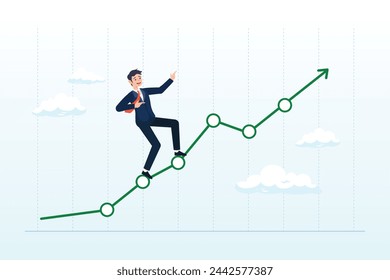 Confidence businessman pointing up with rising financial chart and graph, profit growth, economic uptrend or growing investment, improvement or growth chart, financial forecast or prediction (Vector)