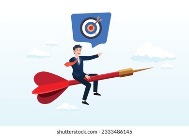 Confidence businessman riding dart aiming for target or goal, determination and strategy to reach target and achieve business success, aspiration and direction to win and victory (Vector)