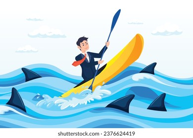 Confidence businessman sailing kayak ship among danger risky sharks, risk taker, challenge to success, overcome difficulty or problem in crisis or entrepreneurship, determination or adversity (Vector)