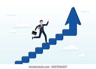 Confidence businessman step walking up stair of success with rising up arrow, improvement or career growth, stairway to success, growing income or improve skill to achieve business target (Vector)