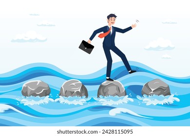 Confidence businessman stepping on stones across ocean, stepping stones to success, progress or milestone pathway to achieve target, small step to overcome difficulty, development stages (Vector)