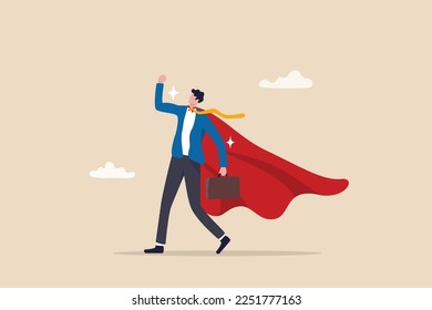 Confiar en el éxito de los empresarios o en el concepto de liderazgo, superhéroe o fuerte, la fuerza para ganar o conseguir trabajo, sobresaliente empleado o mejor trabajador, valor y determinación.