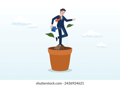 Confidence businessman watering self on plant pot, personal development, self improvement or career growth, coaching or training to success, motivation to growing, develop skill or attitude (Vector)