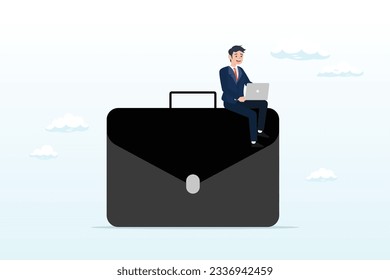 Confidence businessman working with computer laptop on briefcase, work experience, expertise or professional employee, specialist skill, occupation or administrator work, wisdom or employment (Vector)