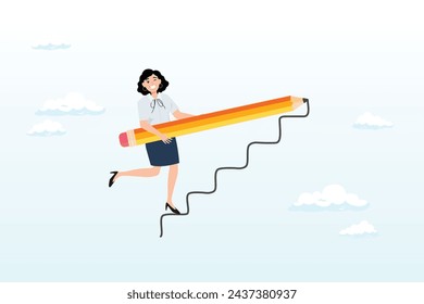 Confidence businesswoman draw stair to climb up for success, create stair to success, growth or growing career path, planning for self improvement or leadership motivation, self made success (Vector)