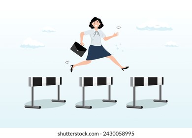 Confidence businesswoman entrepreneur jumping over series of hurdles, overcome obstacle or challenge, success journey or aspirations, determination, progress or effort to overcome difficulty (Vector)