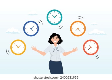 Confidence businesswoman expert juggling clock in difference time, time management, punctuality or work deadline, schedule plan or reminder, productivity expert or timer countdown, expertise (Vector)
