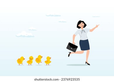 Confidence businesswoman leader pointing direction with following duckling, leadership to lead team to success direction, employees follow manager guidance, domination or motivate staffs (Vector)