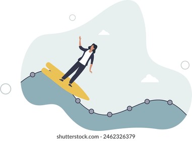 confidence businesswoman surfing on stock market wave chart.flat vector illustration.