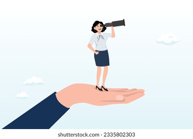 Confidence businesswoman with telescope on giant hand empower her to see future business visionary, looking for career opportunity, female or woman leadership, business direction or discovery (Vector)