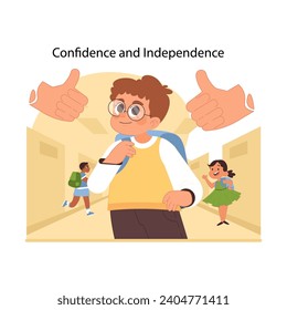 Confidence and independence concept. Schoolboy proud of achievements, supported by classmates. Young student surrounded by positive affirmations. Growth of self-esteem. Flat vector illustration