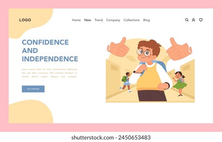 Confidence and independence web or landing. Schoolboy proud of achievements, supported by classmates. Student surrounded by positive affirmations. Growth of self-esteem. Flat vector illustration