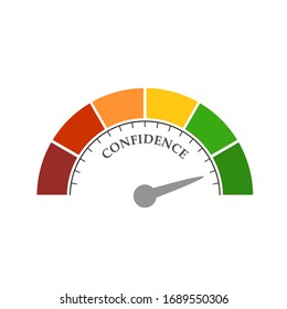 Confidence level scale with arrow. The measuring device icon. Sign tachometer, speedometer, indicators. Infographic gauge element.