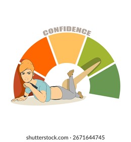 Confidence level scale with arrow. The measuring device icon. Sign of indicator. Infographic gauge element. Young woman lying near meter scale