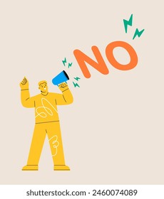 Confidence man speak out loud on megaphone. Learn to say no. Colorful vector illustration