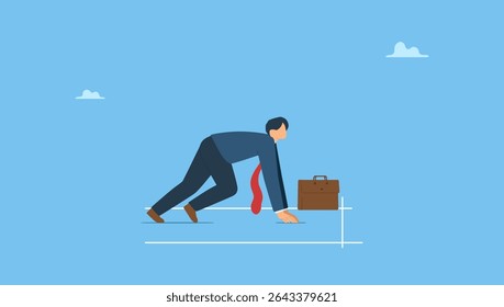Confidence motivated businessman be prepared at start race line and ready to win the competition. Ready to start business, begin new job or preparation for work, focus and willingness.