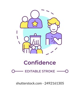 Confidence multi color concept icon. Mentor quality. Self-assurance. Decision-making. Public speaking. Round shape line illustration. Abstract idea. Graphic design. Easy to use in article