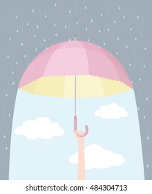 confidence and optimism: hand holding a pink umbrella, converting rain into blue sky
